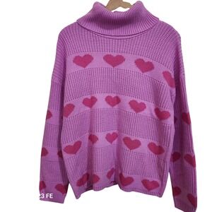 DESIGN HISTORY Purple Pink Heart Turtleneck Sweater Women's Knit Cozy Valentines